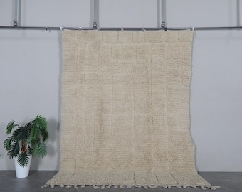 Cream Moroccan shag rug 7x9.3 ft - Handmade wool Berber carpet with raised square details - Plush large area rug
