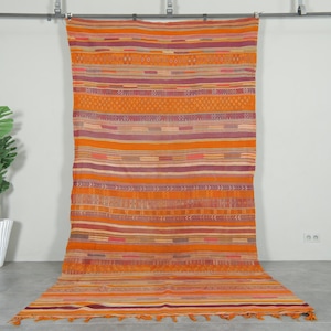 Orange Moroccan kilim rug 5.8 x 8.7 feet – Handmade orange flatweave – Warm orange striped tribal rug – Wool vintage area kilim rug