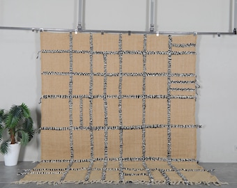 Beige Moroccan kilim rug 7.8x9.6 ft - Handmade wool Berber carpet with black grid details - Flatwoven area rug