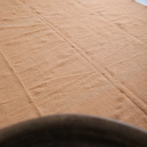 May include: A light brown rug with a textured surface. The rug has a fringe border and is laid out flat on a gray floor.