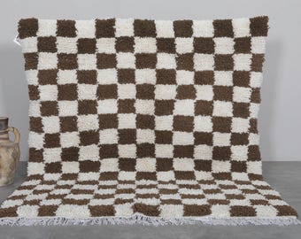Checkered Moroccan rug 5.2 x 5.8 feet wool berber rug - handmade rug - checkered rug - hand knotted rug- wool rug - brown rug - checkers rug