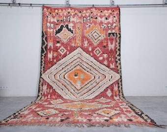 Moroccan red wool rug 6.8 x 12.5 feet - Handmade red orange tribal rug - Large Berber diamond pattern area rug - Boho vintage wool rug