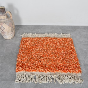 May include: An orange and beige rectangular rug with a shaggy texture and fringed edges. A decorative vase with handles and a patterned design is in the background. The rug is a home decor item.