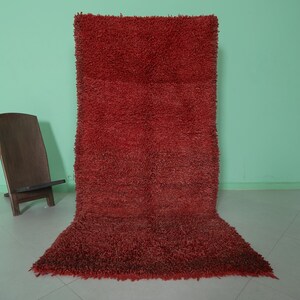 May include: A red shag rug with a long pile. The rug is laid out on a light green floor.