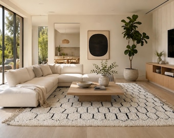 Handmade Moroccan Wool Rug - Ivory Cream Area Rug - Black Honeycomb Berber Design - Large Living Room Rug - Custom Size Rug