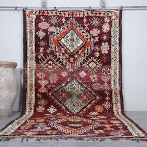 Vintage burgundy moroccan wool rug 6x10 feet Handmade Berber rug with tribal geometric patterns - Boho burgundy rug for living room