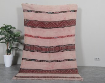 Pink Moroccan Kilim Rug 4.5 x 7.7 feet - Handmade pink wool flatweave - Soft pink with Tribal Berber rug - Boho living room kilim rug