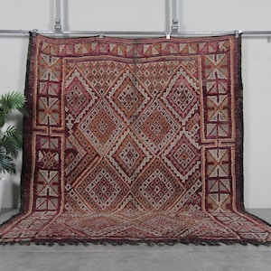 Vintage burgundy moroccan rug 7x8 feet – Burgundy and Earth-Tone geometric moroccan rug – Handmade Berber burgundy wool rug