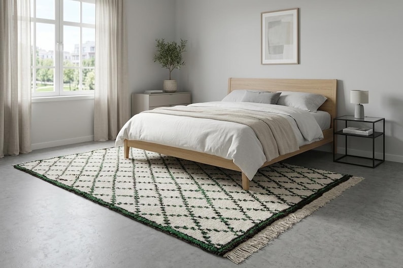 K&ouml;nnte beinhalten: Ein Schlafzimmer mit einem hellen Holzbettrahmen, wei&szlig;er Bettw&auml;sche und einem beigen &Uuml;berwurf. Auf dem Boden liegt ein gemusterter Teppich mit wei&szlig;er Basis und gr&uuml;nem Rautenmuster. Ein kleiner Nachttisch mit Lampe und gerahmtem Bild ist ebenfalls zu sehen.