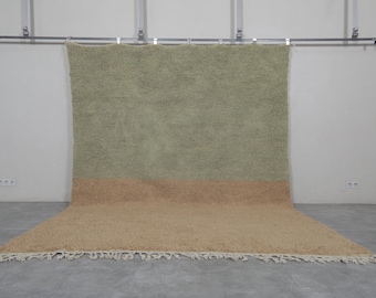 May include: A green and beige shag rug with a fringe border. The rug is hanging on a wall.