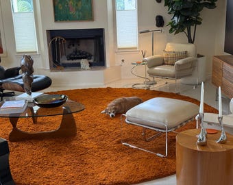 Marokkaans oranje rond vloerkleed wol - Effen rond vloerkleed - Marokkaans rond vloerkleed - Rond vloerkleed - Berbertapijt - Handgemaakt vloerkleed