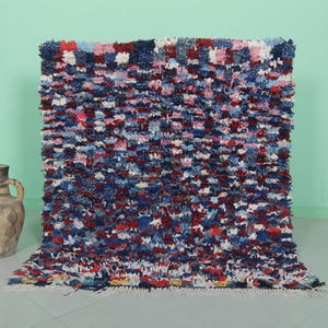 Boucherouite Moroccan rug 4.2 x 4.9 feet  vintage rug - antique berber rug - hand woven moroccan rug - moroccan decor rug - checkered rug