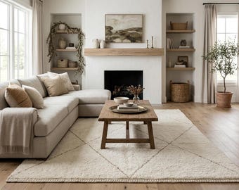 Authentic beni ourain rug - Custom size moroccan rug - Berber carpet in Ivory with soft beige geometric lines - Minimalist rug - Wool rug