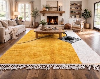 Yellow and white abstract moroccan rug - Handmade custom size wool rug - Geometric shaggy rug - Berber moroccan rug - Living room rug