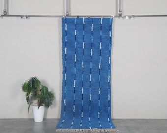 Blue Moroccan shag runner rug 3.3x8.9 ft - Handmade wool Berber carpet with striped details - Plush hallway rug
