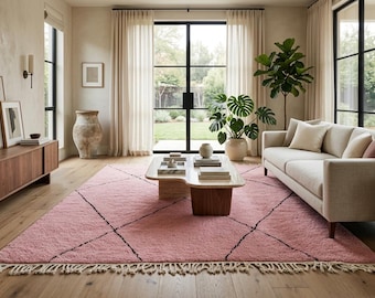 Beni ourain rug with black trellis - Hand knotted pink rug - Berber rug - Moroccan handmade rug - Morocco rug - Custom moroccan rug