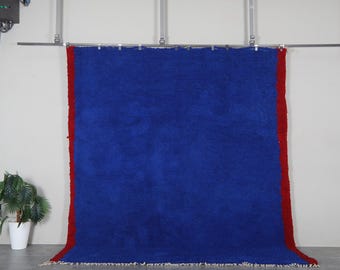 Blue Moroccan shag rug 9x10 ft - Handmade wool Berber carpet with red border details - Plush large area rug