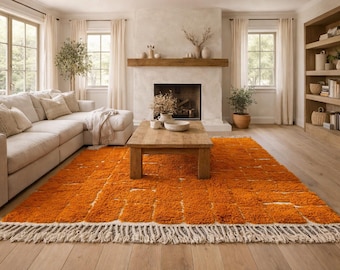 Orange Moroccan checkered rug - Handmade wool rug - Bright berber area rug - Beni ourain inspired - Custom size carpet - Free shipping