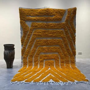 Handmade moroccan beni ourain rug with vibrant mustard yellow geometric design - Handmade berber rug - Moroccan area rug - Wool rug