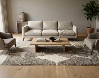 Modern moroccan wool rug 6.1 x 11.3 ft – Handmade beige and brown abstract rug – Large Berber area rug for living room
