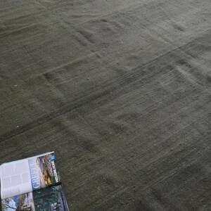May include: A green wool rug with a subtle striped pattern. The rug is laid out flat on a white surface.