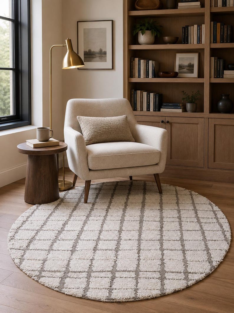 Moroccan Round rug - Custom size rug - moroccan circle rug - round rug grid - beige rug - wool round rug - berber rug - berber rug round image 3