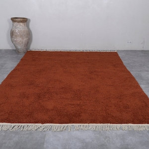 May include: A rust-colored shag rug with a white fringe border. The rug is laid out on a gray tiled floor.