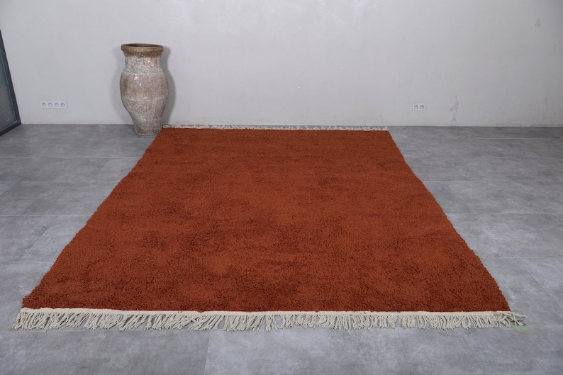 May include: A rust-colored shag rug with a white fringe border. The rug is laid out on a gray tiled floor.