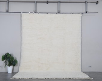 White Moroccan shag rug 9.3x12.3 ft - Handmade wool Berber carpet with minimalist texture - Plush large area rug