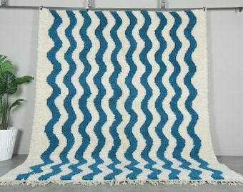 Ocean blue Moroccan rug - Beni ourain rug - Custom size rug - Handmade rug - wavy pattern berber rug - Free shipping - berber wool rug