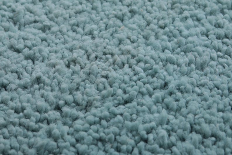 May include: Close-up of a light blue shag rug with a soft, fuzzy texture.