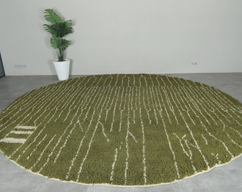 Alfombra redonda verde oliva hecha a mano – Alfombra circular minimalista de lana – Alfombra redonda marroquí moderna – Alfombra verde personalizada – Envío gratuito