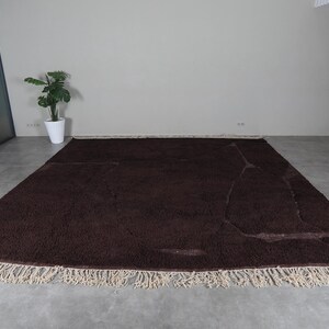 May include: A large, rectangular brown rug with a shaggy texture and a cream-colored fringe. The rug is placed on a gray concrete floor. A potted plant and a decorative cabinet are visible in the background.