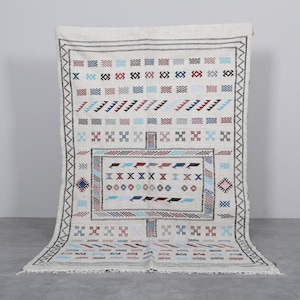 Colorful tribal moroccan kilim rug 4.6 x 7.5 feet – Handmade cream wool rug – Boho geometric area flatweave Berber cream kilim rug