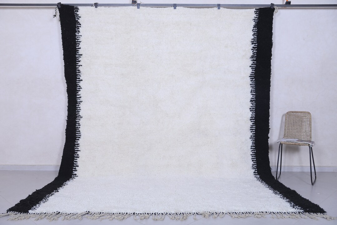 Moroccan Rug Solid Rug Black Border Rug Morocco Rug Wool White Rug Beni
