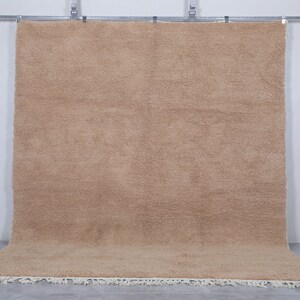 May include: A large, light brown shag rug with a white fringe border. The rug is hanging on a wall with hooks.