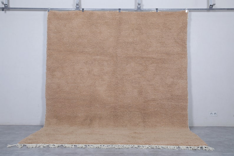 May include: A large, light brown shag rug with a white fringe border. The rug is hanging on a wall with hooks.