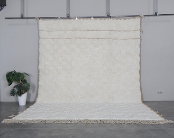 Cream checkered moroccan rug- Minimalist berber carpet - Custom size available - Neutral handmade wool rug  - Free shipping
