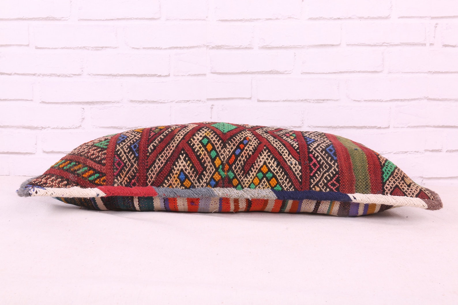 Handwoven Wool Pillow with Berber Diamond Motifs and Striped Reverse — view 6