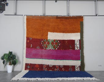 Colorful Moroccan shag rug 9x12 ft - Handmade wool Berber carpet with patchwork design - Large boho living room rug