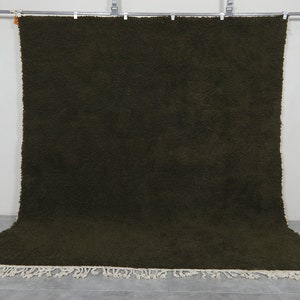 May include: A solid dark green rug with a fringe border. The rug is hanging from a metal rod.