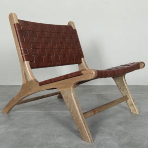 Handmade Brown Leather Moroccan Chair – Walnut Wood Lounge Armchair image 1