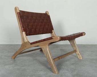 Brunt umber moroccan chair armchair - leather and Original walnut wood chair - elegant set - relaxing read - handmade indoor chair