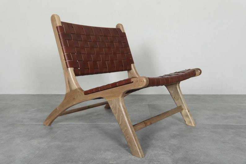 Handmade Brown Leather Moroccan Chair – Walnut Wood Lounge Armchair image 1
