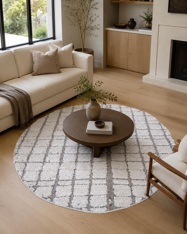 Moroccan Round rug - Custom size rug - moroccan circle rug - round rug grid - beige rug - wool round rug - berber rug - berber rug round image 8