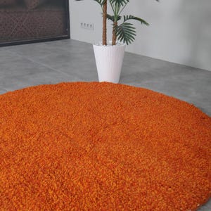May include: A round, orange shag rug with a soft, fluffy texture. The rug is perfect for adding a pop of color and warmth to any room.