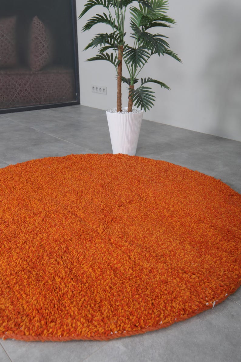 May include: A round, orange shag rug with a soft, fluffy texture. The rug is perfect for adding a pop of color and warmth to any room.