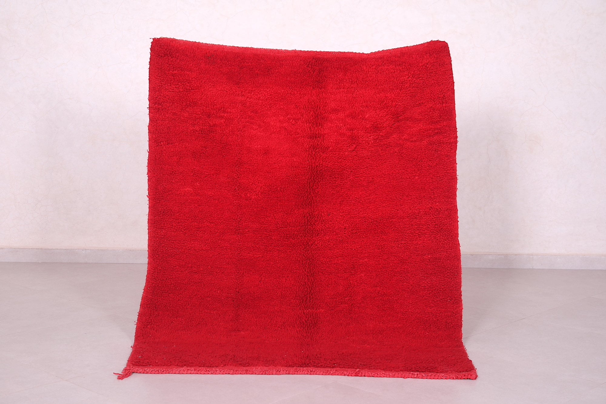 Red Berber Rug 3.7 X 4.8 Feet Azilal - Moroccan Area Shag Solid Beni Ourain Wool Morocco