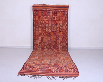 Vintage moroccan runner rug 4.5 x 13.5 ft – tribal red and orange Berber rug – long hallway rug with geometric patterns – handmade wool rug