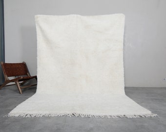 Moroccan wool rug 6.4 x 9 feet - Solid white Beni ourain rug - Handmade berber rug - Minimal wool rug for living room - Soft wool rug